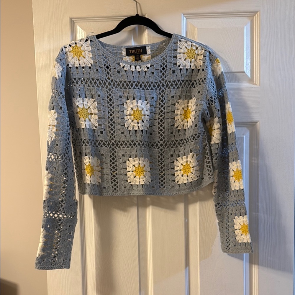 Trollied Dolly Blue Crochet Floral Sweater